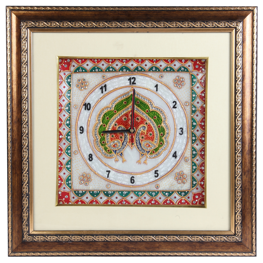 Wooden Frame Marble Clock with Peacock Painting 