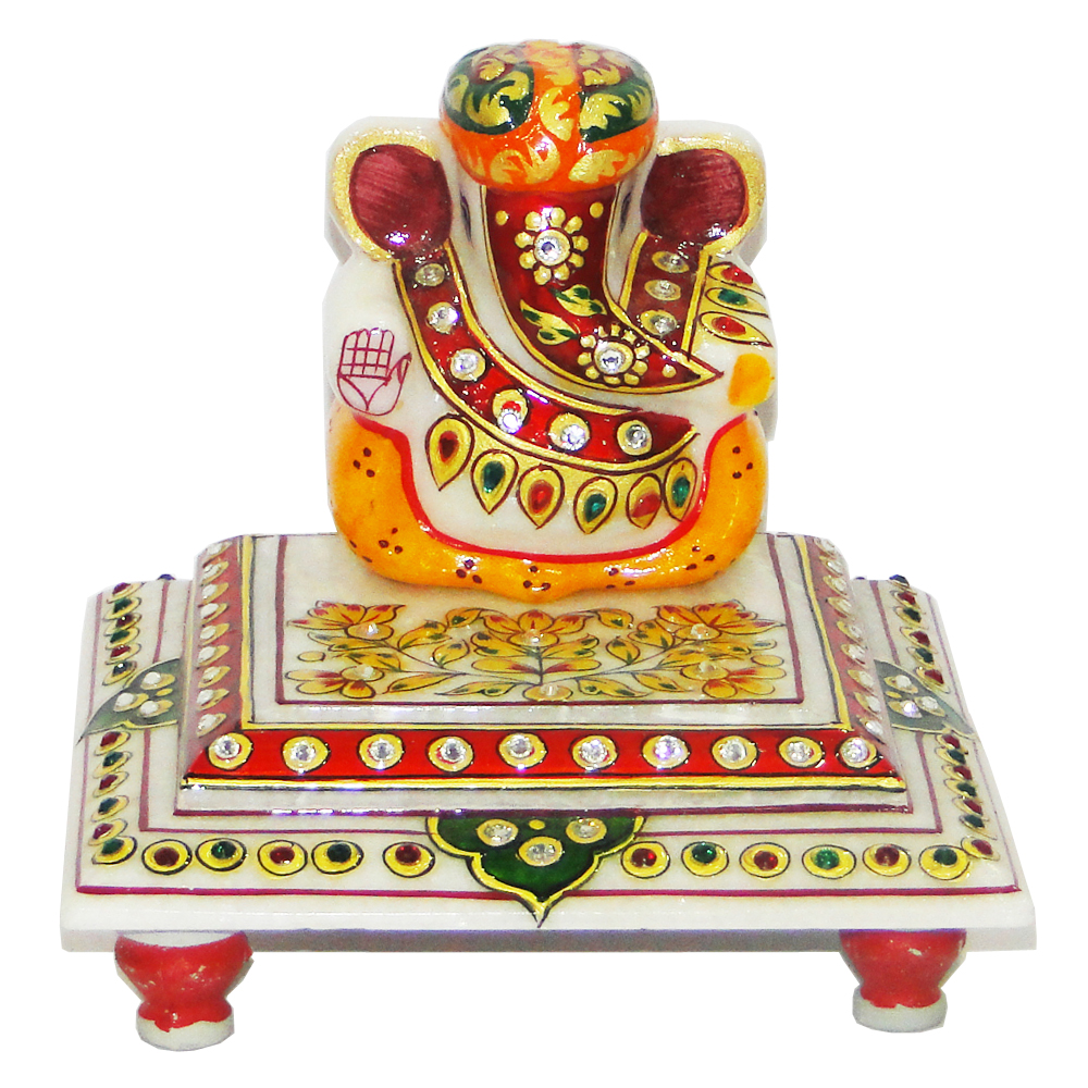 Marble Lord Ganesh Idol With A Turban & Sitting On Chowki