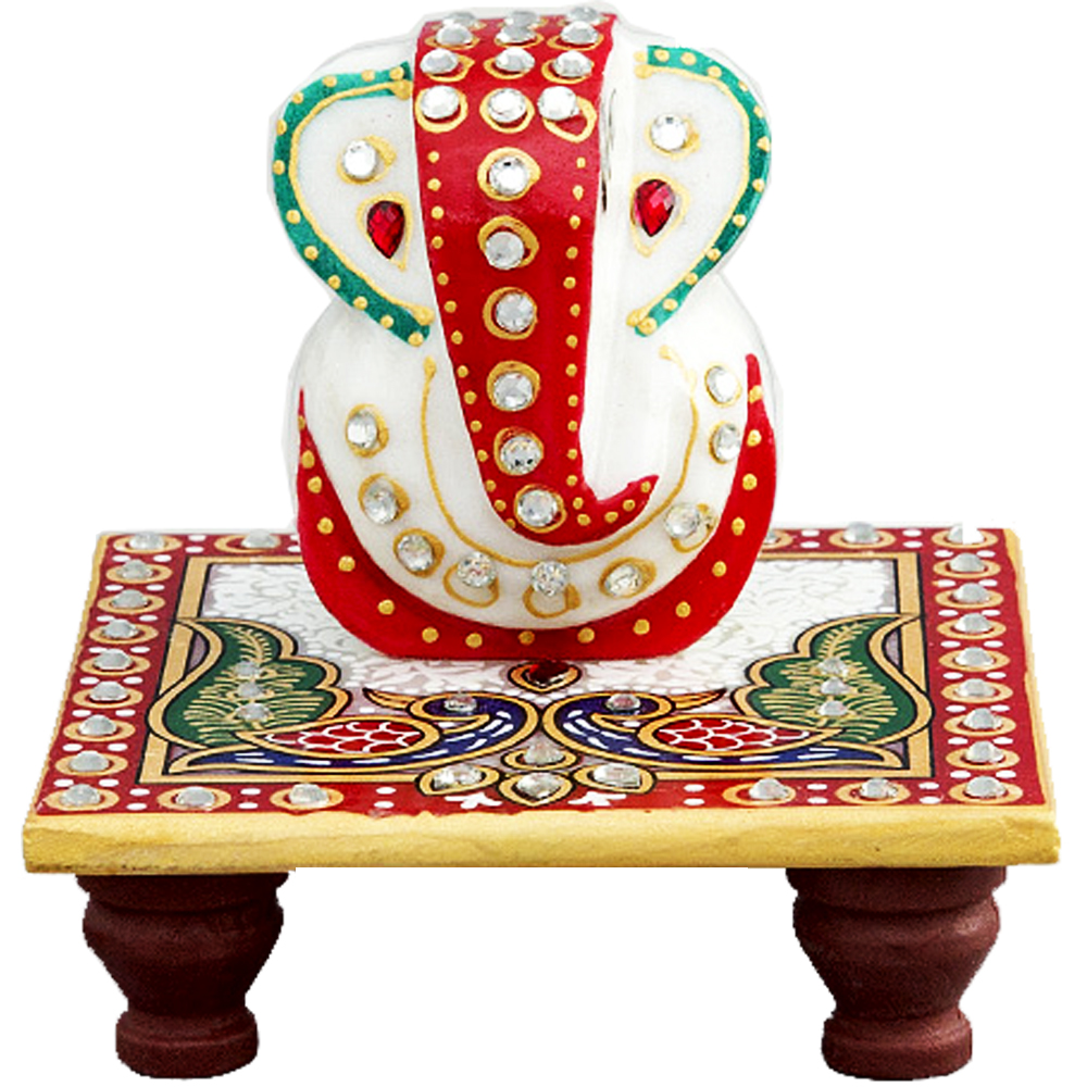 Multicolor Marble Ganesh with Chowki For Puja