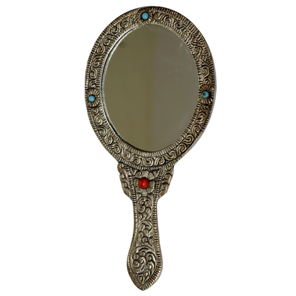 Oval Shaped Ornate Hand Mirror in Oxidized Metal 