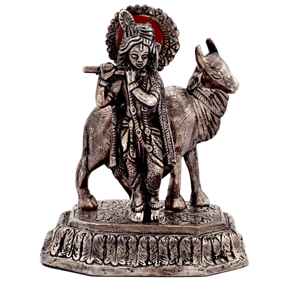 Oxidized krishna with cow playing flute