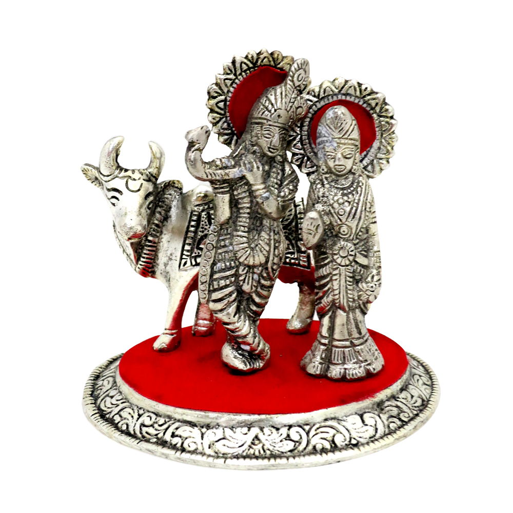 Radha Krishna with cow statue in oxidised metal with base. 