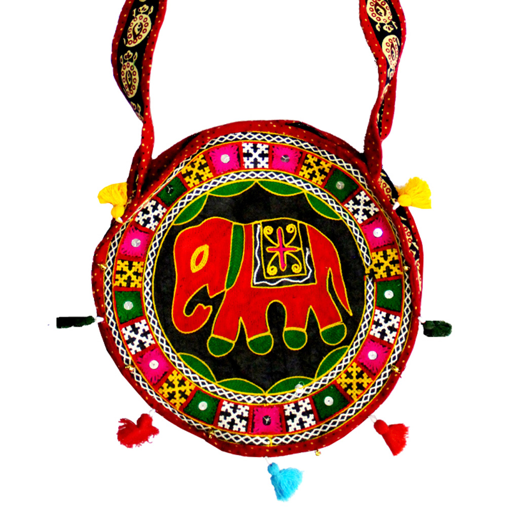 Circular Handcrafted Elephant Printed Multicolour Bag