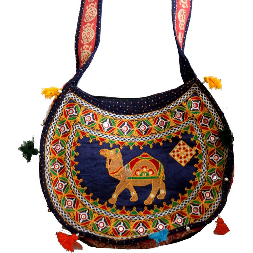 Blue Coloured Long Handle Bag with Handcrafted Design