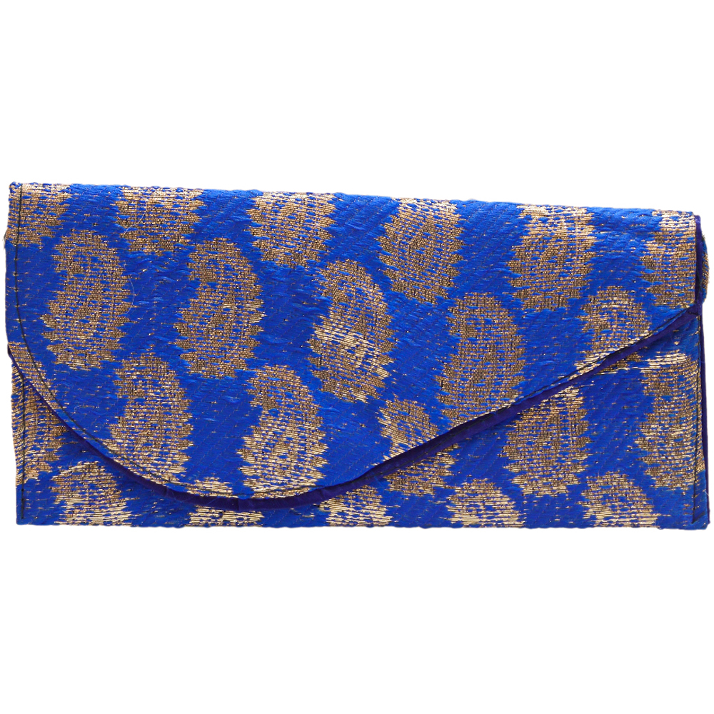 Blue envelope pouch with golden embroidery on it