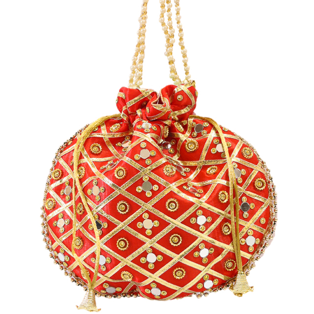 Amazing red potli bag with traditional work all over it