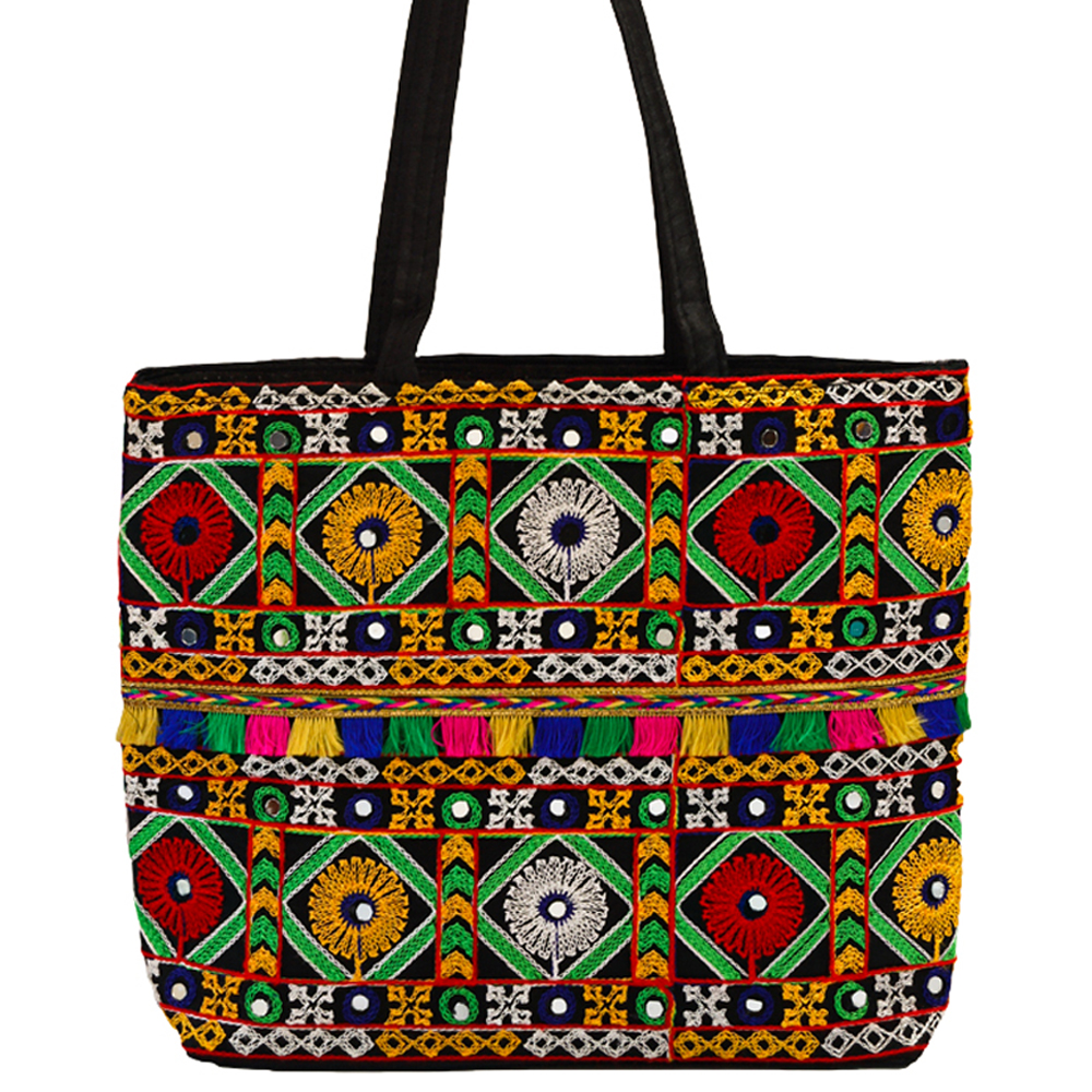 Rajasthani handmade black tote bag with multicolor embroidery