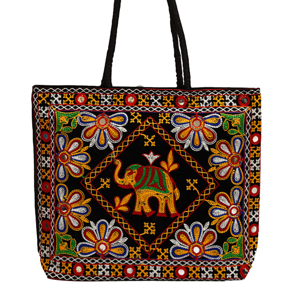 Elephant embroidery black tote bag with multicolor elaborate floral detailing