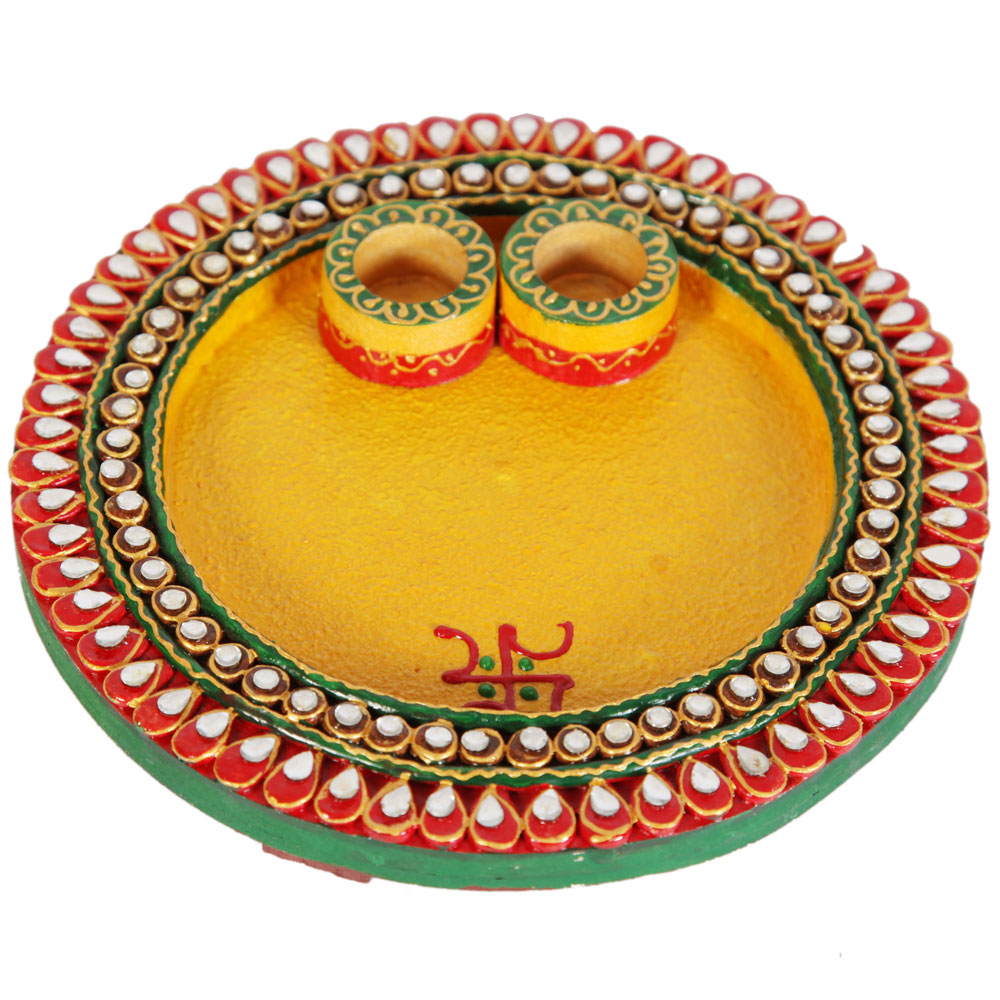 Wooden Kundan Craft Round Pooja Thali Online For Ladies