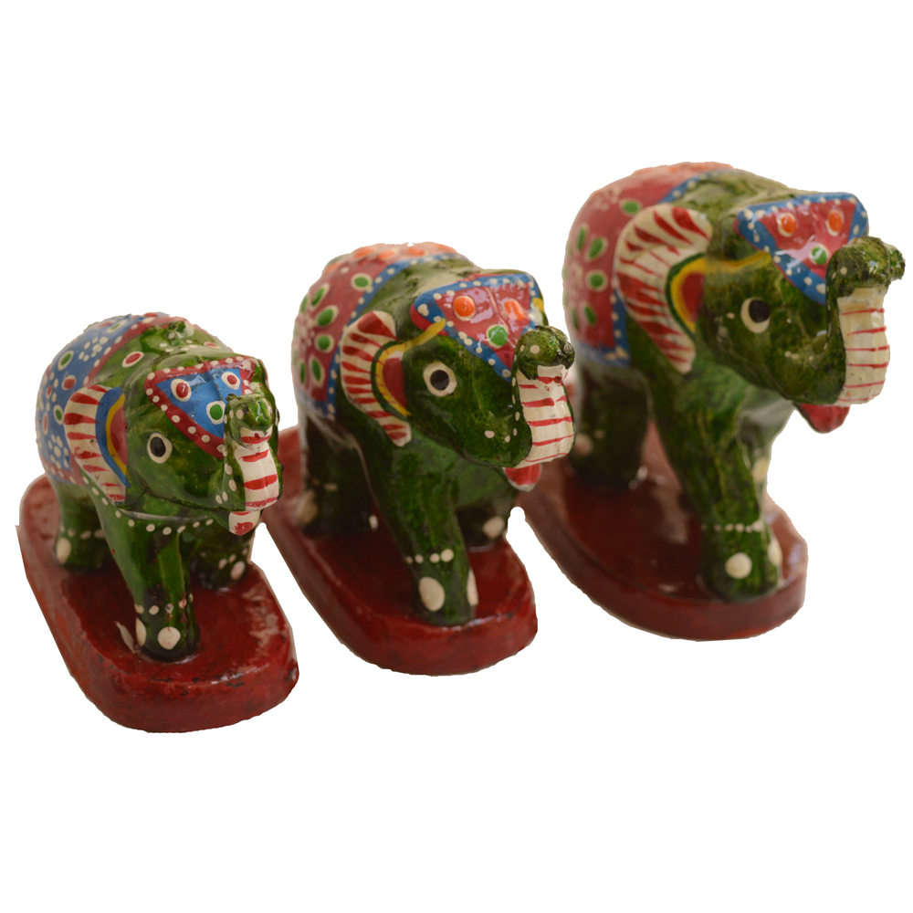 Set of 3 Wooden Elephant Figurines with Jaipur Meenakari 