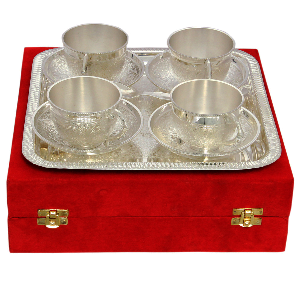 Set of 4 Cup & Saucer with Serving Tray in German Silver 