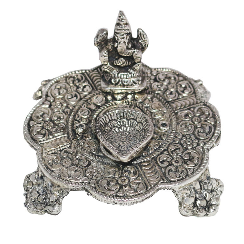 Silver Coloured Oxidised Ganesh Chowki With Diya