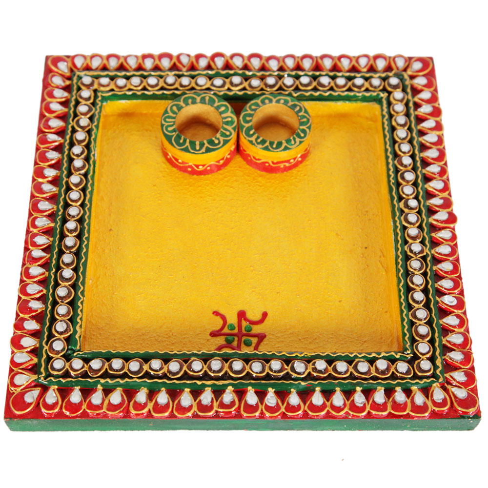 Wooden Kundan Crafts Square Pooja Thali Online For Ladies