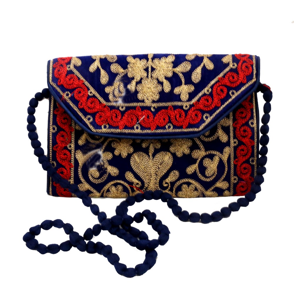 Suzani Hanging Clutch Bag With Designer Sling in Red & Blue Combination