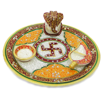 Indian Decorative Marble Meenakari Stone Craft Pooja Thali