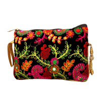 Colurful Embroidery Design On Black Purse With Handle