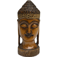 Meditative Mahatma Buddha Head Figure in Wood 