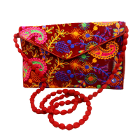 Red Coloured Embroidered Clutch Bag With Sling Handle