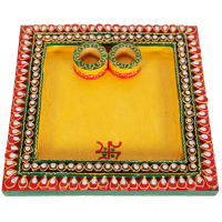Wooden Kundan Crafts Square Pooja Thali Online For Ladies