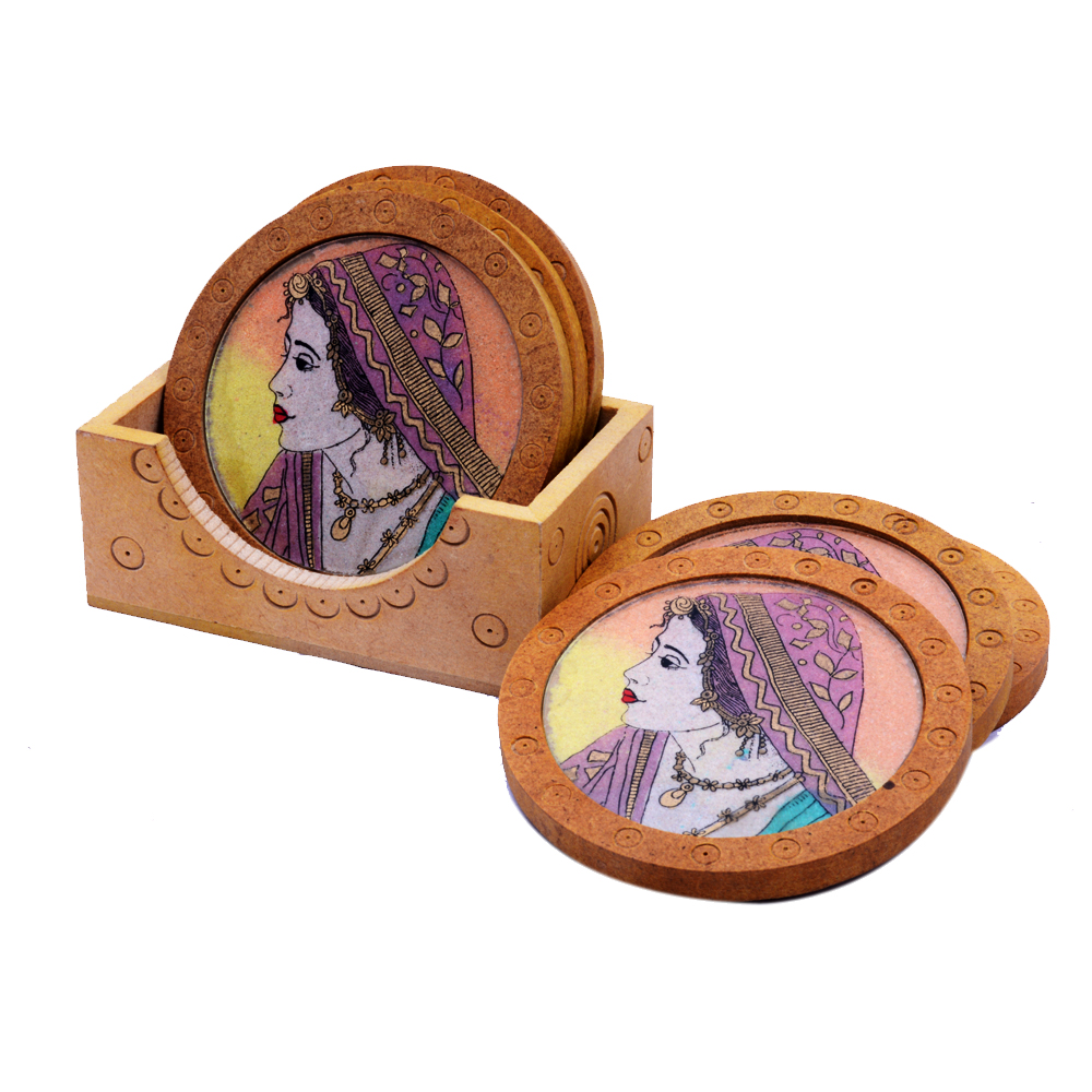 Traditional Wooden Tea Coaster with a Lady Painting 