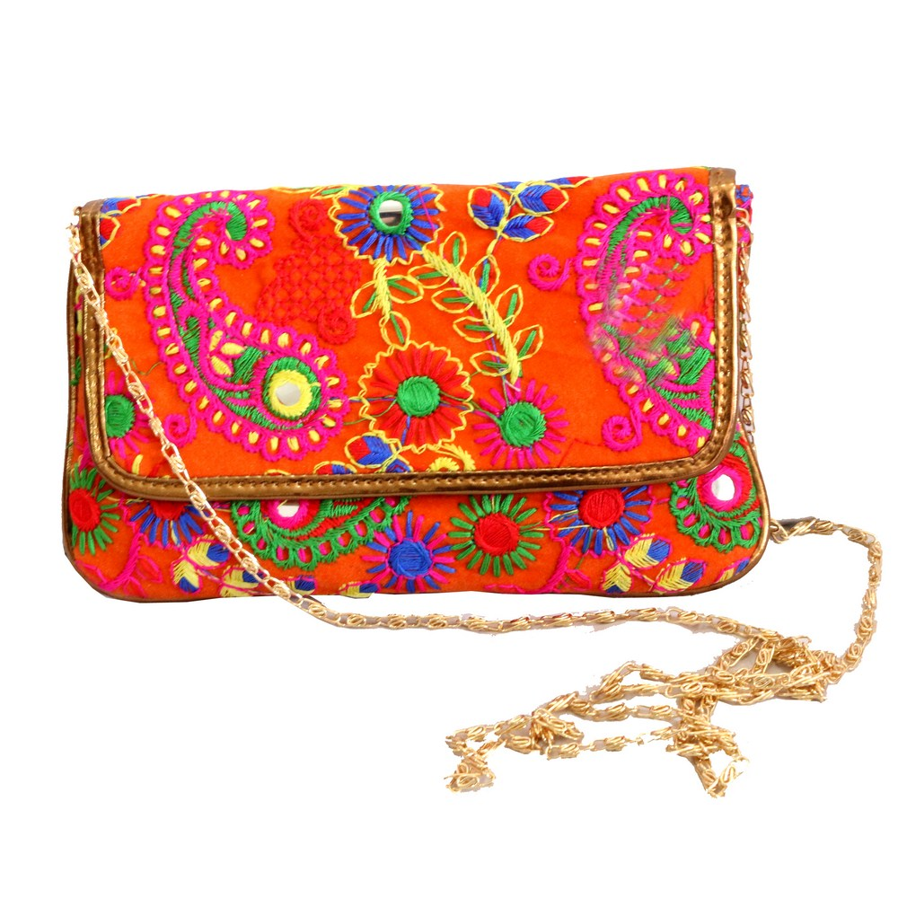 Vibrant Coloured Embroidery Work Done on Purse With Sling