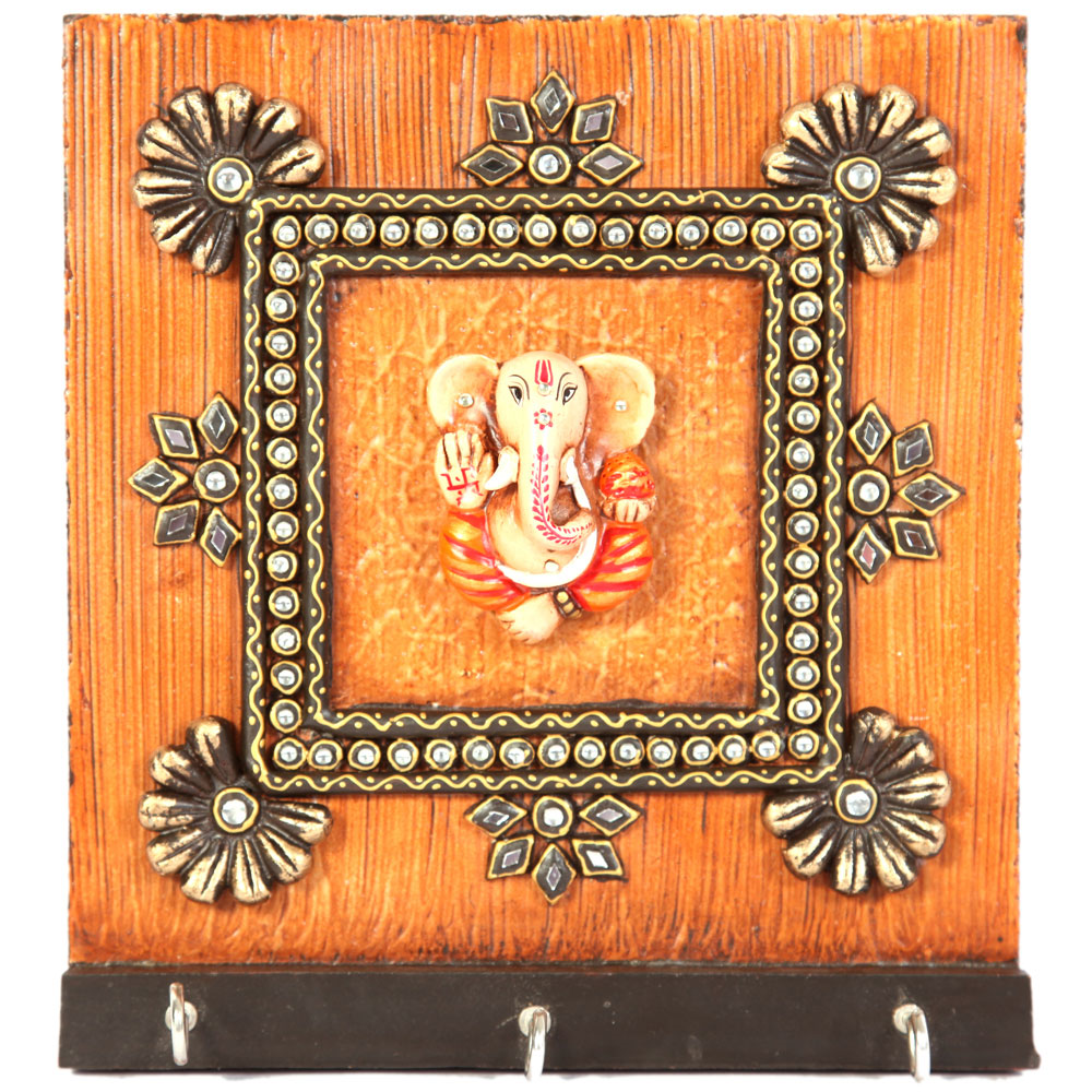 Kundan Wooden Crafted Ganesha Key Holder For Wall Online