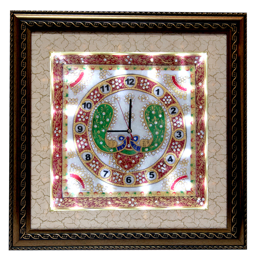 Wooden Frame LED Marble Clock with Peacock Painting | Boontoon