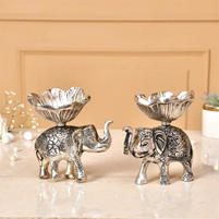 Ancient Silver Polished Elephant Bowl Pair Made of Metal