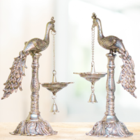 Oxidised Silver Plated Peacock Hanging Diya Pair for Temple