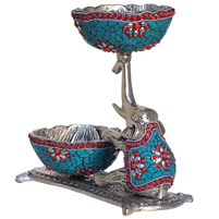 Silver Plated Oxidised Elephant Bowl Set with Gemstone Work