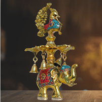 Gold Plated Elephant Peacock Diya Stand with gemStone Work