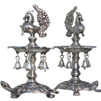 Oxidised Silver Plated Peacock Diya Stand with Bells for puja