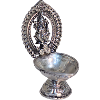 German Silver Ganesh Diya with Intricate Carvings for Puja