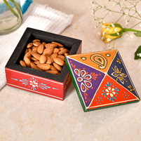 Hand-Painted Wooden Square Dry Fruit Box with Decorative Lid