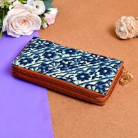 Handcrafted Blue Zipper Cloth Ikat Printed Wallet For Women