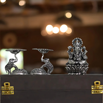 Handcrafted German Silver Ganesha Idol and Elephant Diya Set