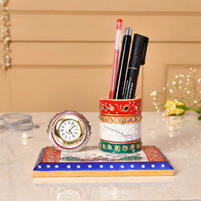 Meenakari Marble Office Set with Clock and Pen Stand