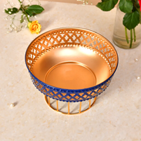 Metal Decorative Bowl with Blue and Gold Finish on Stand