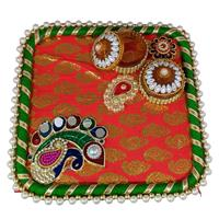 Square shaped handmade pooja thali with moti engravings on it