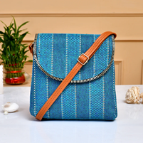 Turquoise Sling Bag For A Lady Crafted From Jute And Vegan Leather