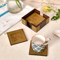 Wooden Coaster Set with Brass Elephant Inlay Design