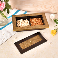 Wooden Dry Fruit Box with Brass Inlay and Dual Compartments