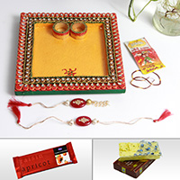 Buy rakhi gifts for brother wooden kundan pooja thali, rakhi, lumba, sweets and chocolates