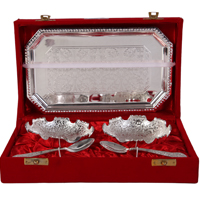 German Silver 2 Bowl Set with Spoons & Serving Tray 