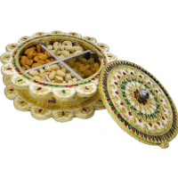 Dry Fruit Gift Box With Wooden Base & Meenakari Brass Lid
