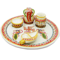 Marble Meenakari Stone Crafted Pooja Thali With Conch