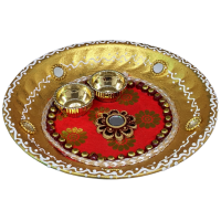 Golden colour handmade puja thali with beads