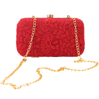 Captivating red chikankari clutch with a golden chain strap