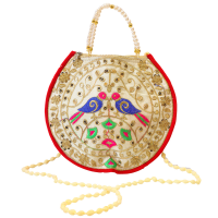 Traditional round shaped purse with beautiful beaded strap and red lining