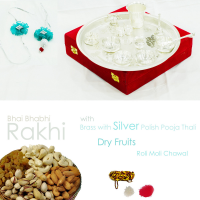 Silver polished pooja thali with designer rakhi, dryfruits